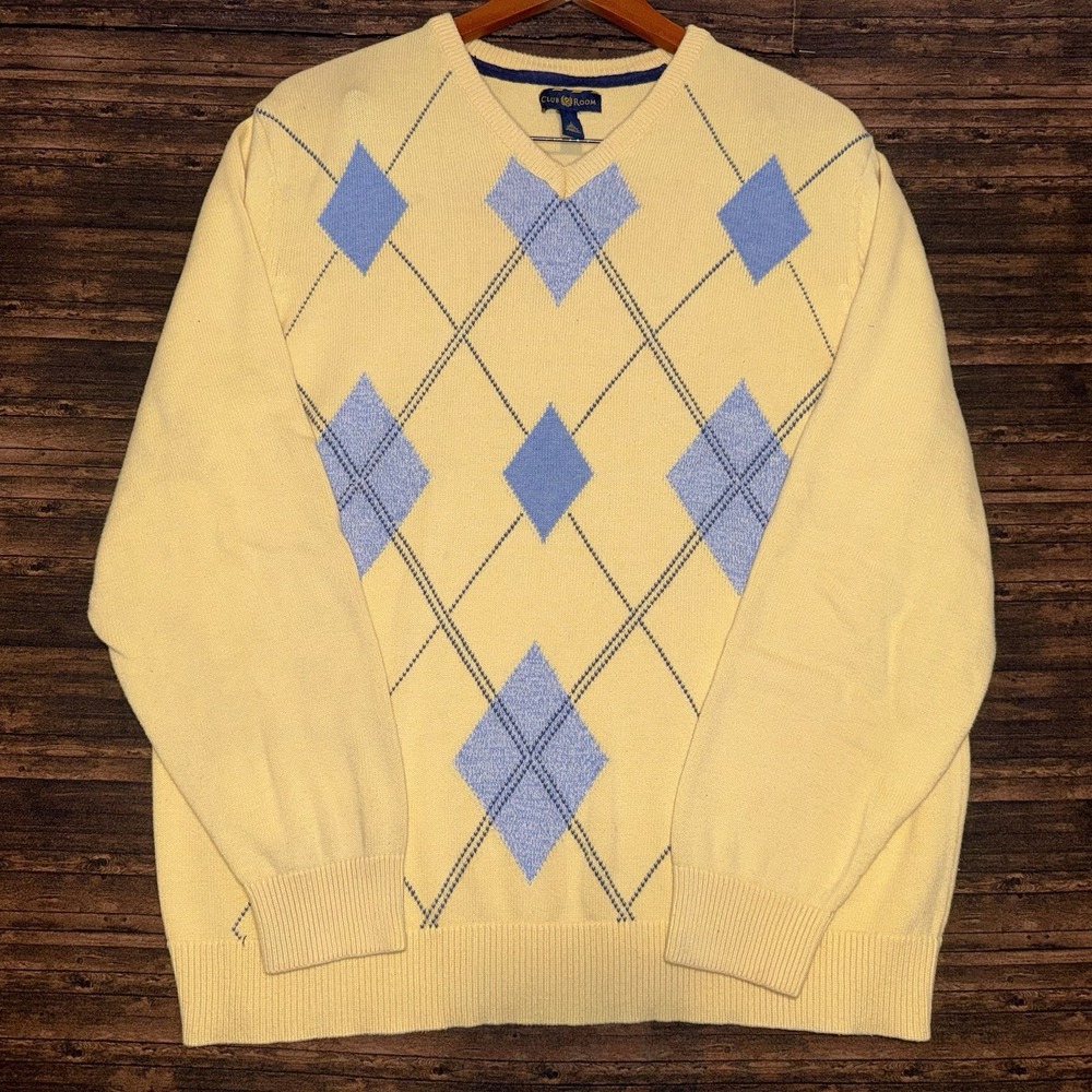 Club Room Men's Argyle Golf V Neck Sweater Size L Yellow Blue